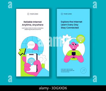 Vertikales Bannerdesign mit handgezeichneter Illustration des Internetdienstanbieters mit flachem Zeichentrick Stock Vektor