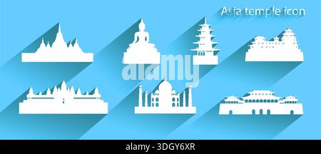 Asiatische Ikone oder Symbol mit langem Schatten, Reisebanner Taj mahal, Himeji Castle und ikonisches modernes Gebäude merlion, alles im Silhouettenstil auf blauem Hintergrund Stock Vektor
