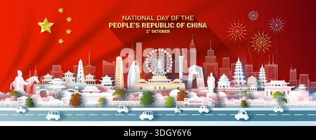 Wahrzeichen Illustration Jubiläumsfeier China Tag mit China Flagge Hintergrund. Reise Wahrzeichen Stadtarchitektur von Chinesisch in Peking in Papier Stock Vektor