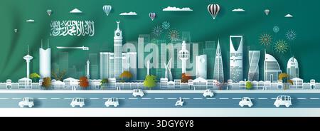 Vektor-Illustration Unabhängigkeit Jahrestag Feier Nation Tag in Saudi-arabien Flagge Hintergrund. Reise Silhouette Wahrzeichen Architektur von Saudi Stock Vektor