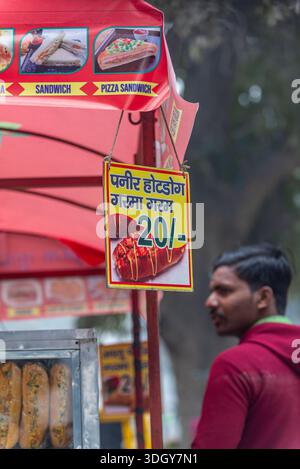 Indischer Street Food-Stand mit Paneer Hotdog und Sandwiches unter farbenfrohen Baldachin, Delhi, Indien, 29. Januar 2024 Stockfoto