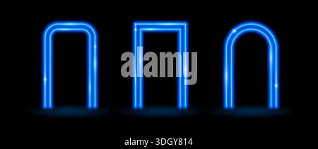 Rechteck- und Bogenrahmen in leuchtendem Neon. Blau leuchtende, flackernde Ränder. Konzept der leuchtenden Portaltüren. Futuristischer rechteckiger und gekrümmter Bogenrand. Vektorbeleuchtete Elemente für Poster, Banner, Broschüre Stock Vektor