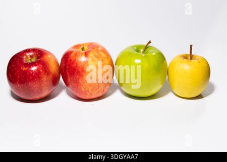 Vier frische Äpfel in verschiedenen Farben Reihen sich isoliert auf weiß. Verschiedene Äpfelsorten rot-grün und gelb. Apple Sortiment. Ganze reife Äpfel Stockfoto