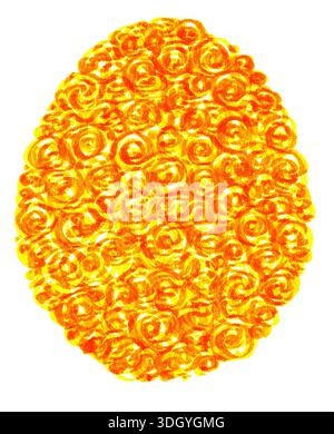 Lebhafte Ostereizeichnung mit Markierungen. Strukturiertes Muster aus sich überlappenden Spiralen und Wirbeln in leuchtenden Orange- und Gelbtönen. Ideal für Ostermotive, Frühlingsferien, Drucke, Grußkarten. Stockfoto