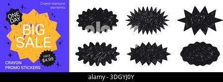 Handgezeichnete Sticker mit Starburst-Schriftfarbe. Vektorsammlung von Retro-Werbeabzeichen, Explosionsetiketten und Berstsiegeln Stock Vektor