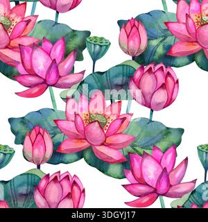 Helles Lotusmuster in Wasserfarben mit leuchtend rosa Blüten und sattgrünen Blättern. Elegantes botanisches Design, perfekt für Textilien, Verpackungen und Schreibwaren Stockfoto