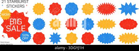 Handgezeichnete Starburst-Abzeichen-Kollektion mit Buntstift-Schriftfarbe. Werbeabzeichen in verschiedenen Burst-Formen für Verkauf und Rabattdesign Stock Vektor