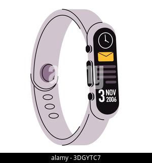 Smart Fitness Tracker Band Vektor Illustration zeigt Nachricht Benachrichtigungssymbol und Datum auf vertikalem Bildschirm tragbare elektronische Gadget Stock Vektor