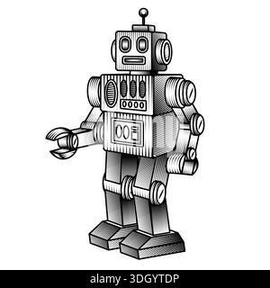 Vintage Spielzeug Roboter Illustration im Retro Holzschnitt Stil schwarz-weiß Vektor mechanische android Zeichen Skizze gravierte Zeichnung Stock Vektor