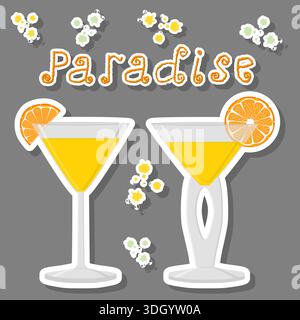 Illustration über das Thema des schönen Alkohol Cocktail Paradies, helles Paradies bestehend aus Vollglasbecher mit transparentem Cocktail und Eiswürfeln, Stock Vektor