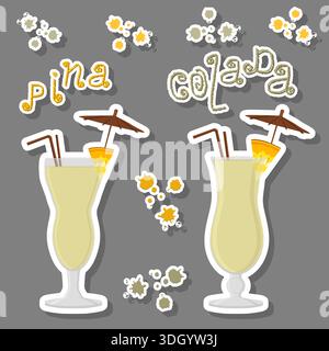 Illustration zum Thema des schönen Alkohol Cocktails Pina colada, helle Pina Colada bestehend aus Vollglas Tasse mit transparentem Cocktail und Würfeln Stock Vektor