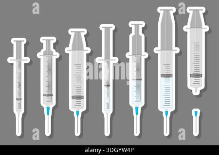 Illustration zum Thema großes farbiges Set verschiedene Arten von Spritzen, Nadeln für Krankenhaus, Spritze bestehend aus Sammlung Zubehör mit Qualitätssicherung Stock Vektor
