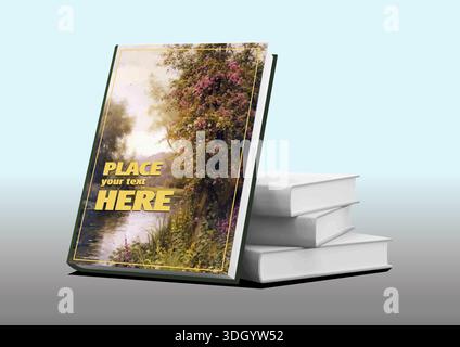 Bucheinband-Mockup mit romantischem Landschaftsgemälde stützt sich auf einen Stapel Bücher Stock Vektor