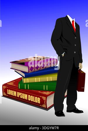 Geschäftsmann mit Hand in der Tasche, der neben einem großen Stapel Bücher steht und eine Aktentasche hält Stock Vektor
