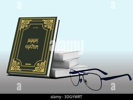 Grüner Bucheinband, der mit Büchern und Gläsern auf grauer Oberfläche steht Stock Vektor