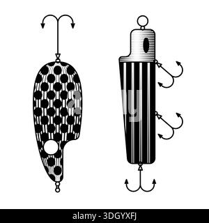 Vintage Angelköder Illustration mit scharfen Haken und gemustertem Körper zum Fangen von Fischen in Retro Holzschnitt Stil schwarz-weiße Vektorkunst Stock Vektor