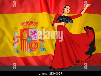 Die Flamenco-Tänzerin bewegt ihren Körper anmutig, während die spanische Flagge im Hintergrund winkt Stock Vektor