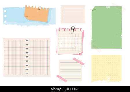 Notizblätter, Notizen, zerrissene Etiketten und klebte Seiten. Klebrige Planer-Elemente, Checklisten und Listenpapier für Scrapbooking oder Schule. Vorlagensatz. Weiß- und Bastelpapier. Vektorabbildung Stock Vektor