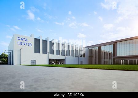 3D-Rendering von Außenbereichen des Rechenzentrums vor blauem Himmel Stockfoto