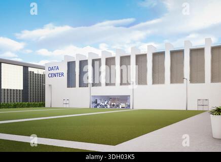 3D-Rendering von Außenbereichen des Rechenzentrums vor blauem Himmel Stockfoto