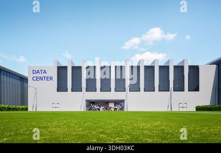 3D-Rendering von Außenbereichen des Rechenzentrums vor blauem Himmel Stockfoto