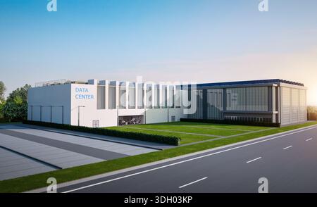 3D-Rendering von Außenbereichen des Rechenzentrums vor blauem Himmel Stockfoto