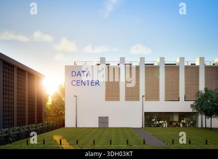 3D-Rendering von Außenbereichen des Rechenzentrums vor blauem Himmel Stockfoto
