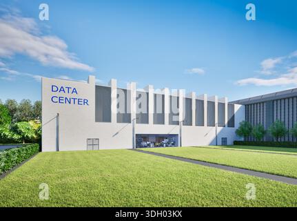 3D-Rendering von Außenbereichen des Rechenzentrums vor blauem Himmel Stockfoto