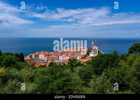 Blick über üppige grüne Bäume in Richtung des historischen Stadtzentrums und der St. George's Pfarrkirche am Meer. Stockfoto