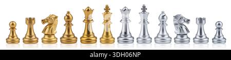 Set aus Gold und Silber Schach Isolate auf weißem Hintergrund. Stockfoto