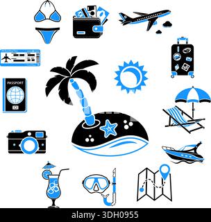 Urlaubszeit und Tourismuskonzept im flachen Stil, zwei Farbsymbole wie Karte, Boot, Gepäck, Ausflug, Cocktail, Insel und Flugzeug. Isolierte Vektorillus Stock Vektor