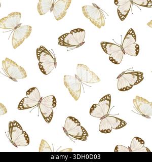 Nahtloses Schmetterlingsmuster in natürlichem Beige und Pastellbraun auf weiß. Einfacher Hintergrund für Sommer-Design und Hintergrundbilder. Aquarellhintergrund Stockfoto