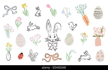 Handgezeichnete Osterkollektion mit Häschen, Kaninchen, Eiern, Frühlingsblumen und Bögen. Skurrile Pastellelemente für Weihnachtskarten, Dekorationen, Einladungen Stock Vektor