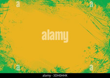 Grunge Gelber Texturhintergrund. Abstrahieren Sie raue grüne Farbstriche, Kratzlinien und schwere Tintenspritzer. Retro-Hintergrund überlagern. Robust Stock Vektor