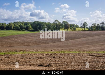 Blick auf die gepflügten Felder in der Nähe von Ornowo, einem kleinen Dorf in der Nähe der Stadt Ostroda in Polen Stockfoto