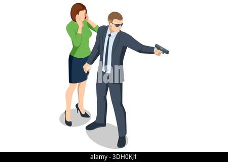 Bewaffneter Leibwächter schützt die Frau. Isometrischer bewaffneter Leibwächter, der die Frau mit einer Pistole beschützt. Persönliche Sicherheit, Reaktion auf Bedrohungen, Schutzservice und Stock Vektor