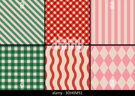 Vektor-Set mit klassischen geometrischen Retro-Mustern für Weihnachten und Neujahr. Vintage nahtlose Gingham-, Karo- und Streifenmuster für die Winterferien. Stock Vektor