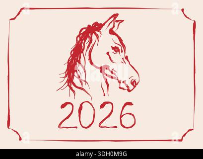 Vektor-Vintage-Illustration des Pferdekopfes im asiatischen Sumi-e-Stil für das chinesische Neujahr 2026. Vektor-Pferdekopf-ähnliches Symbol 2026 Jahre im Mondkalender. Stock Vektor