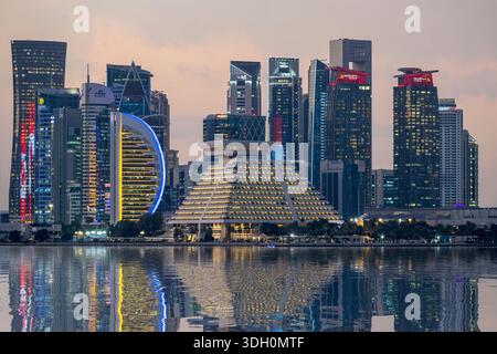 Doha, Katar - 18. Januar 2026: Die Panorama-Skyline von Doha, Katar während Sonnenuntergang Sonnenaufgang Stockfoto