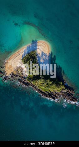 Blick aus der Vogelperspektive auf eine kleine Insel mit Sandstrand und üppigem Grün umgeben von türkisfarbenem Wasser, Mission Beach, Queensland, Australien. Stockfoto