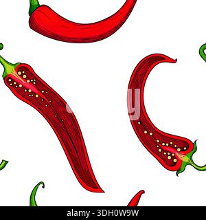 Nahtloses Muster mit roten Chilischoten mit grünen Stielen. Handgezeichnete dekorative Illustration Stockfoto