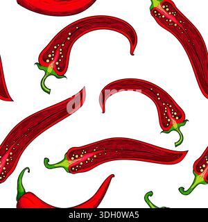 Nahtloses Muster mit roten Chilischoten mit grünen Stielen. Handgezeichnete dekorative Illustration Stockfoto