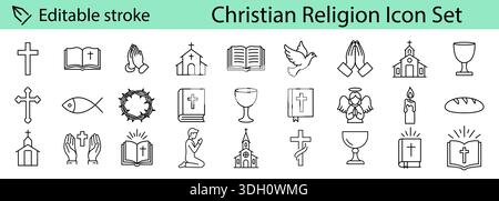 Christentum-Symbole gesetzt. Bearbeitbare Liniensymbole, Umrisse, Spiritualität und Glaubenssymbole. Stock Vektor