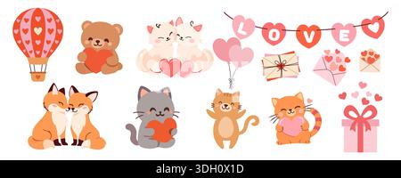 Valentinstag niedliche Tierpaar Vektor-Illustration mit Hase Kaninchen Bär Fuchs Vogel und Herz Liebe Elemente. Romantisches handgezeichnetes Design für Greetin Stock Vektor