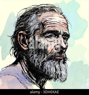 Ein alter rustikaler Mann wird in einem Stift und Tinte mit Aquarellzeichnung gesehen, die eine 3D-Illustration ist. Das Bild wurde von Hand auf einem Computer gezeichnet. Stockfoto