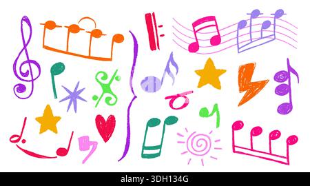 Farbkreidenotizen isoliert auf weißem Hintergrund. Vektor-realistische Illustration von Hand gezeichneter Pastellkreide Melodie, Herz, Stern, Blitzzeichen, Kinderaufkleber für Musikbanner, Scribble Design Stock Vektor