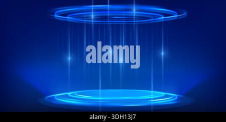High-Tech-Datenpodium mit KI-Hologrammeffekten und blauem Portal. Moderne 3D-Plattform mit digitalen Schnittstellenelementen und technischer Beleuchtung. Futuristisches Bühnendesign in Virtual Reality, Cyberpunk-Ästhetik Stock Vektor