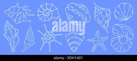 Muschelkollektion auf blauem Hintergrund. Vektor-Illustration des minimalistischen Skizzenmusters mit Muscheln und Seesternen, Meer oder Ozean Unterwasserleben, tropische Sommer Strand Design Elemente, Marine Natur Stock Vektor
