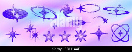 Y2K Pixelsternformen in leuchtendem Blau - abstrakte Kosmos-Symbole mit Halbtonpunkten auf holografischem Verlaufshintergrund. Retro-Elemente für nostalgisches Webdesign oder futuristische digitale Ästhetik. Stock Vektor
