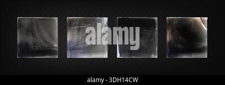 Vinylkunststoffhüllen mit realistischen Falten und Falten auf dunklem BG. Transparente Polyethylenfolien mit glänzender Textur, Kratzern und stark beanspruchten Oberflächeneffekten – Modellhüllen für CD-Albumverpackungen Stock Vektor